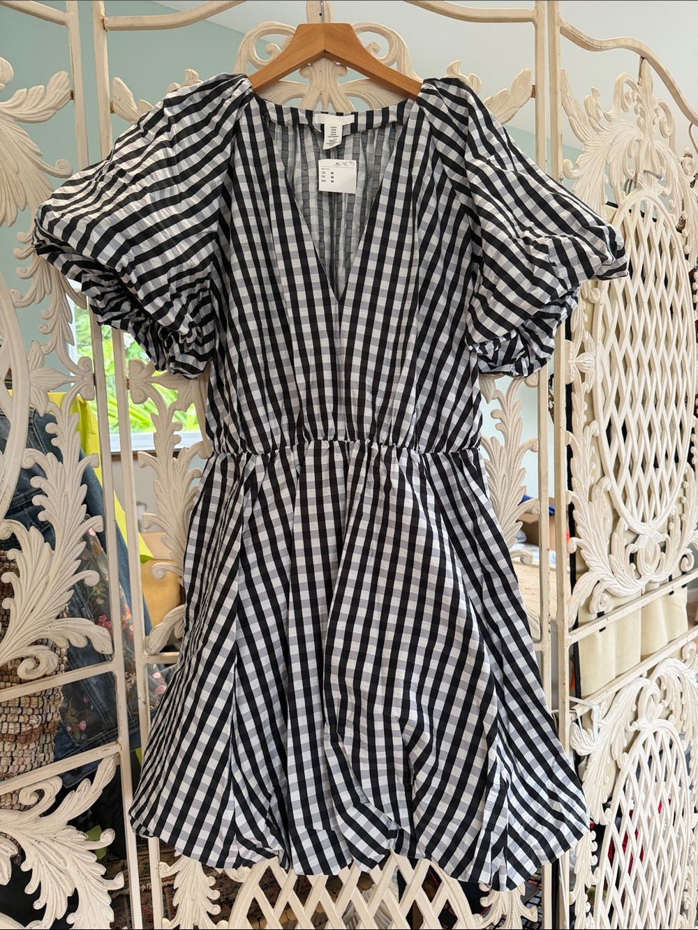 H&M Black & White Gingham Puff-Sleeve Mini Dress